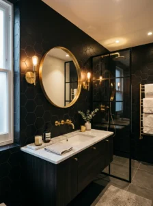 Black hexagon tiles paired with gold bathroom fixtures