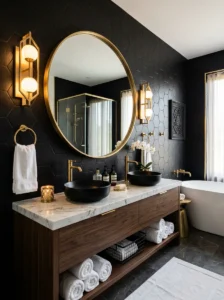 Black tile bathroom featuring warm gold fixtures