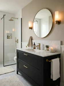 Black vanity paired with a marble bathroom countertop