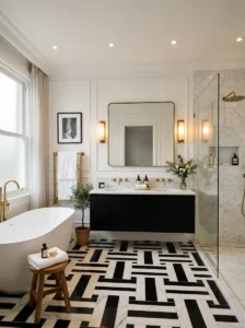 Black and white marble floor tiles in a modern bathroom