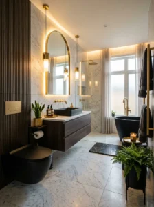 Black toilet paired with gold bathroom fixtures