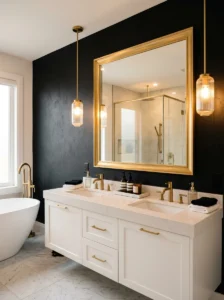 Black bathroom accent wall with gold fixtures and mirror