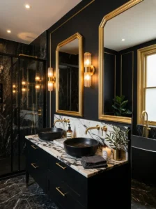 Black bathroom featuring gold fixtures and warm lighting