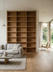 Empty modern bookshelf prepared for professional shelf styling in a minimalist living room.