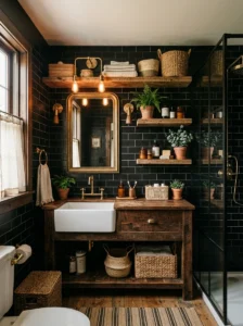 Farmhouse bathroom styled with black subway tiles