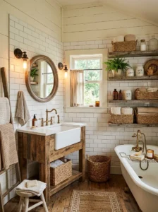 Rustic bathroom featuring mixed tile textures and warm decor