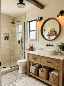 Beige farmhouse shower tiles paired with wood accents