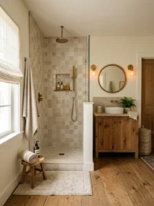 Neutral farmhouse shower with soft warm tile tones