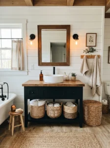 Farmhouse-style black bathroom cabinet with wood details