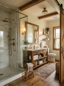 Marble-look farmhouse shower tiles with soft neutral decor