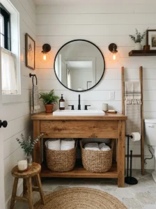 Farmhouse-style bathroom featuring matte black fixtures