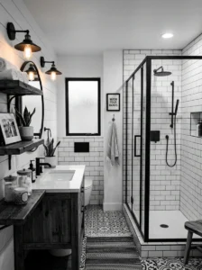 Black and white farmhouse shower with modern tile details