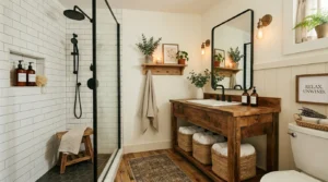Farmhouse bathroom with subway tile shower and rustic wood accents