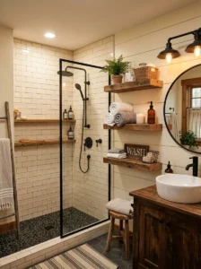 Rustic subway tile shower with farmhouse styling