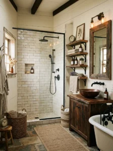 Rustic farmhouse tile shower with warm wood details