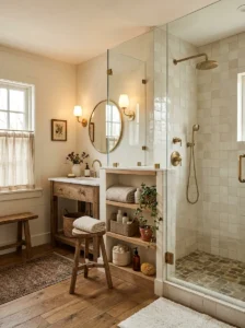 Zellige tile farmhouse shower with warm rustic decor