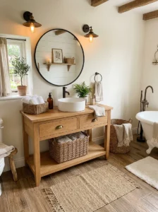 Wood look tile flooring in a warm bathroom design