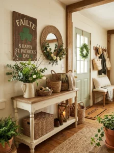 Rustic wooden shamrock sign decorating a farmhouse-style entryway