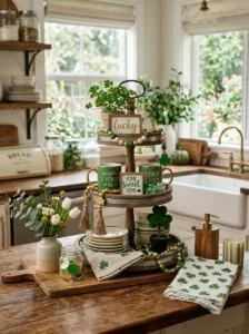Tiered tray decorated with St. Patrick’s Day mini decor pieces in a farmhouse kitchen