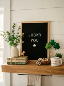Letter board with St. Patrick’s Day quote and shamrock decorations