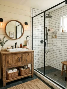 White subway tile shower with dark grout in a farmhouse bathroom