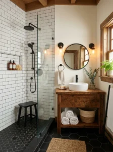 Farmhouse shower featuring black hexagon floor tiles