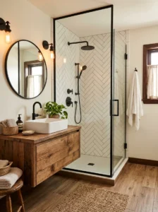Farmhouse tile shower featuring matte black fixtures