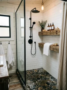 Farmhouse shower featuring textured stone tile flooring
