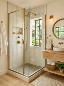 Vertical subway tile shower in a farmhouse bathroom