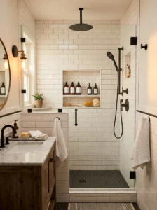 Farmhouse shower with built-in tile storage niches