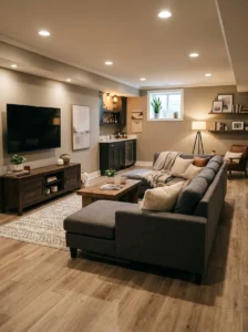 Waterproof basement flooring creating a warm and comfortable lower-level living space.