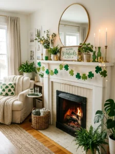 Shamrock garland and fairy lights decorating a fireplace mantel for St. Patrick’s Day