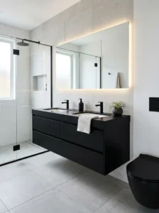 Floating black vanity small modern bathroom