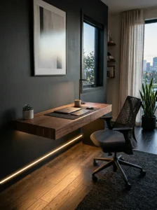 Floating office desk with underlight shadows creating a sleek modern look