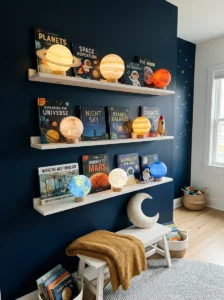 Floating shelves with LED planets adding playful storage to kids room