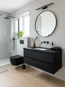 Floating black vanity small bathroom space saving design