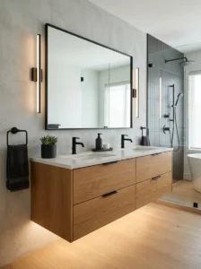 Black hardware and floating vanity lighting creating modern bathroom depth