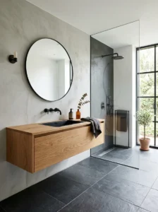 Floating wood vanity with black sink modern bathroom