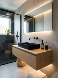 Black stone sink with textured walls creating a natural luxury bathroom feel