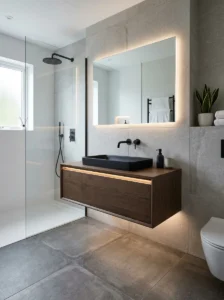 Minimal black sink on floating vanity with sleek modern styling