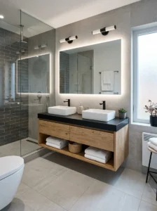 Black and wood floating vanity bathroom