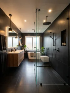 Frameless glass shower with sleek black bathroom details