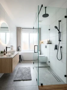 Black shower fixtures with frameless glass in a sleek modern bathroom