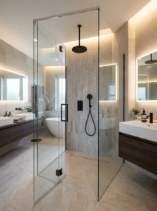 Black rainfall showerhead inside sleek frameless glass shower