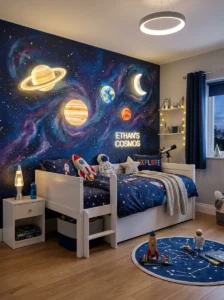 Galaxy wall with LED planets creating a dreamy space-themed kids bedroom