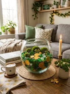 Gold coin bowl display for festive St. Patrick’s Day table decor