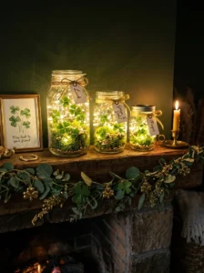 Fairy lights in glass jars for cozy St. Patrick’s Day home decor