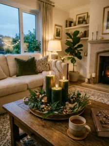 Green candles and gold accents creating cozy St. Patrick’s Day decor