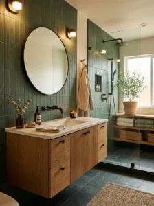 Modern bathroom featuring soft green wall tiles