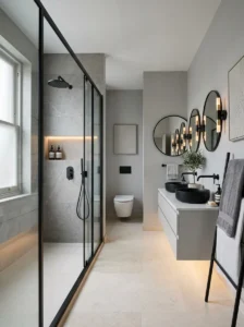 Grey bathroom with black framed shower and mirrors
